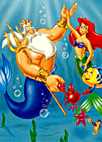 King Triton, Ariel, Flounder, and Sebastian